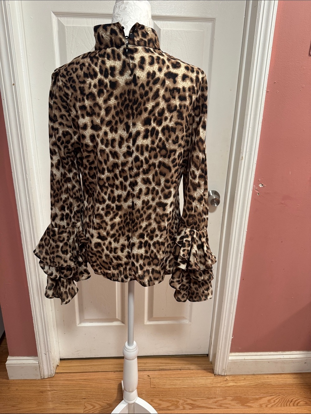 Mock Neck Leopard Print Ruffle Sleeve Blouse - Brown - Picture 5 of 7